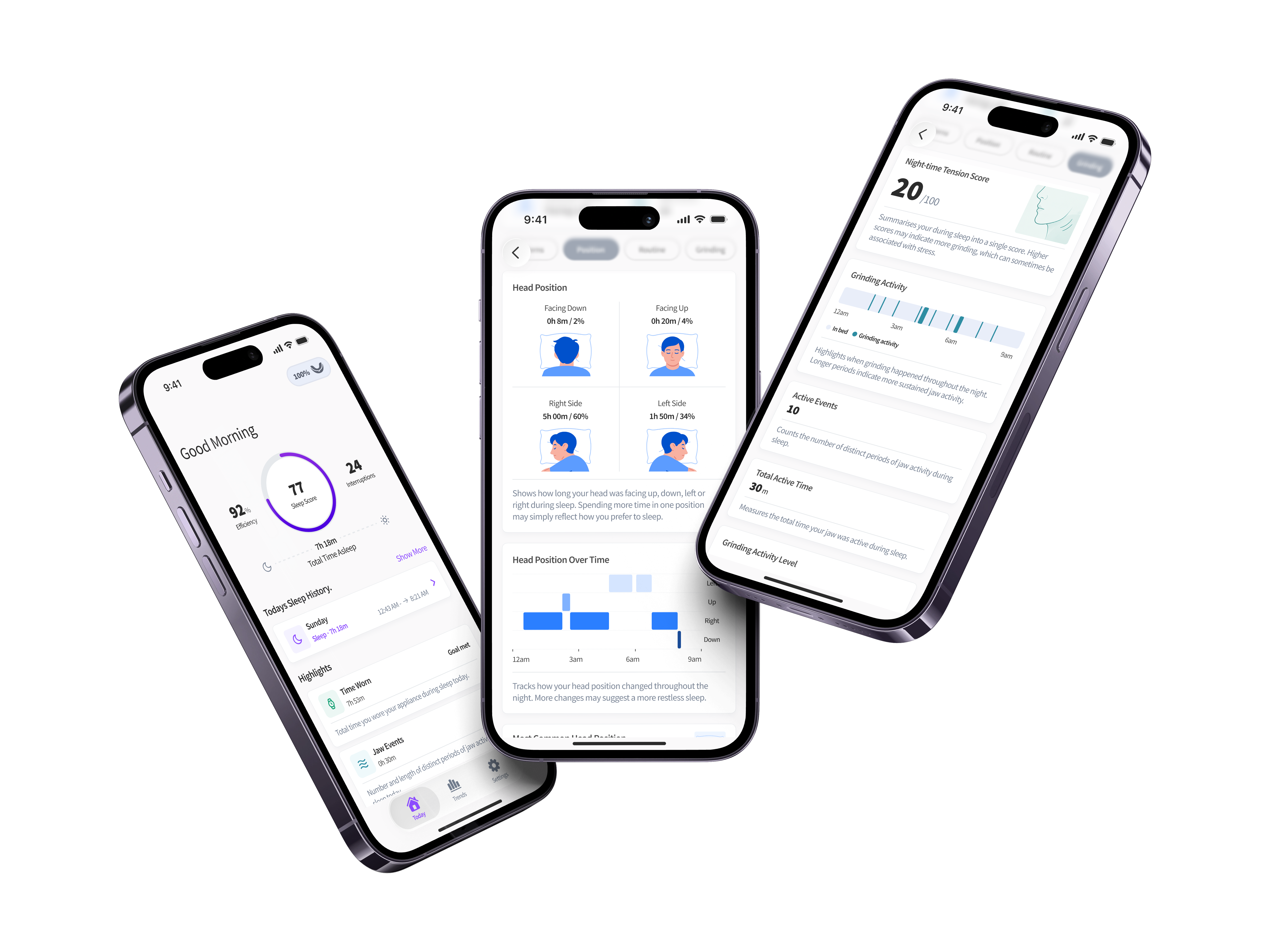 ORB Sleep App shown across three phones with the nightly overview, head position and teeth grinding details