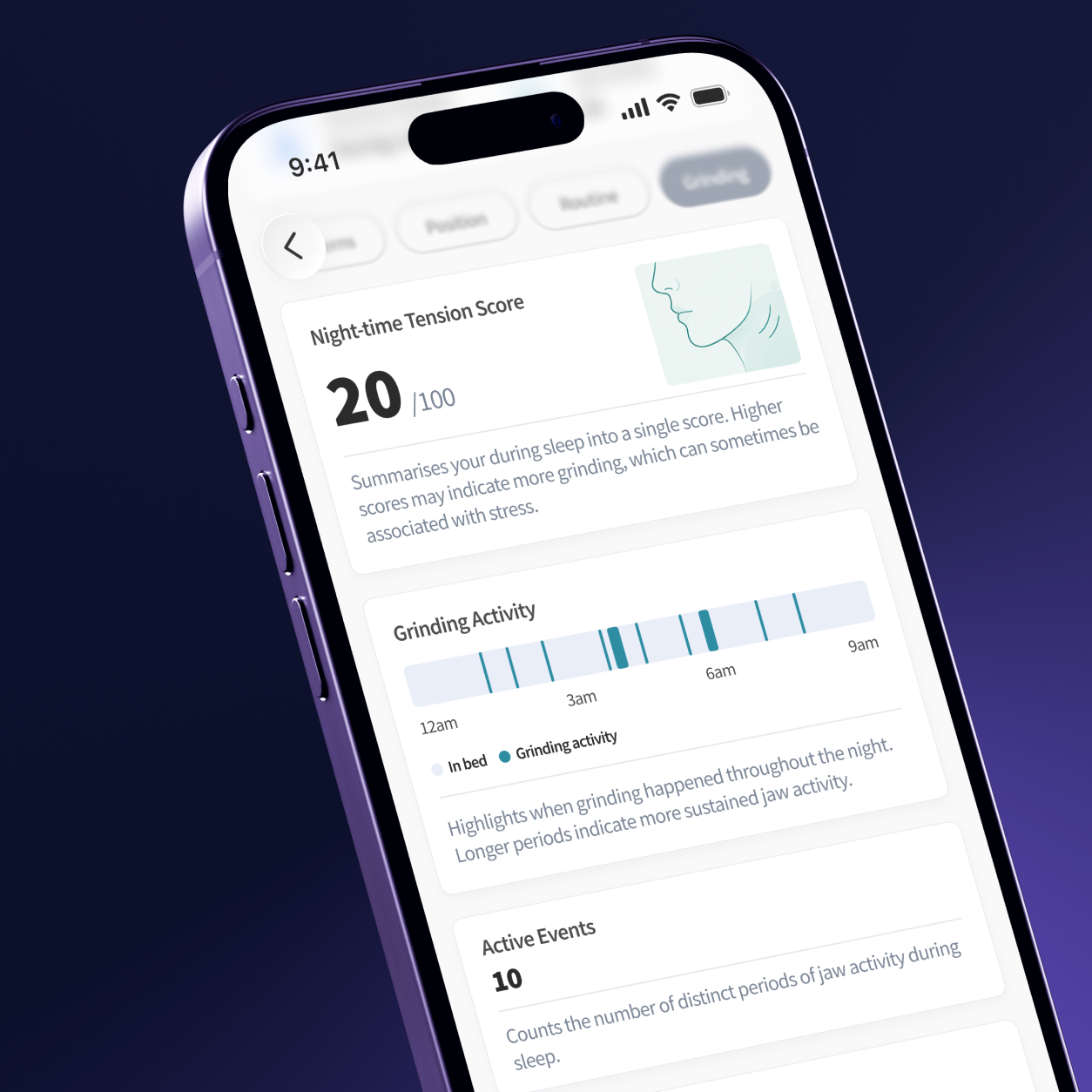 ORB Sleep App teeth grinding activity screen