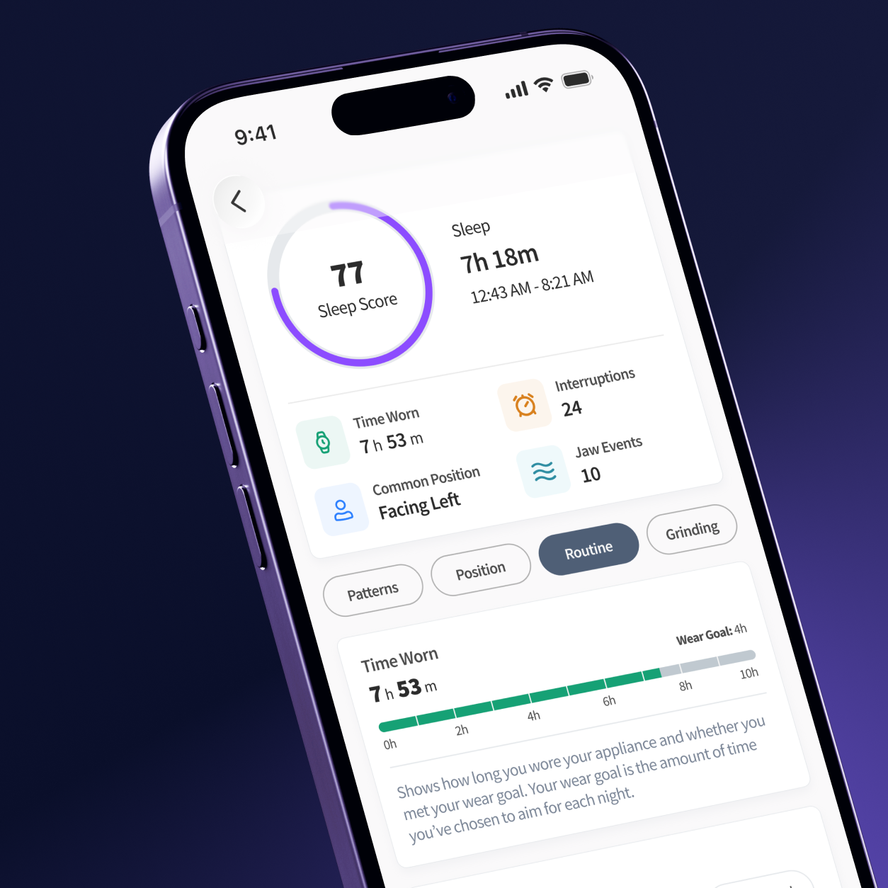 ORB Sleep App routine and wear goal screen
