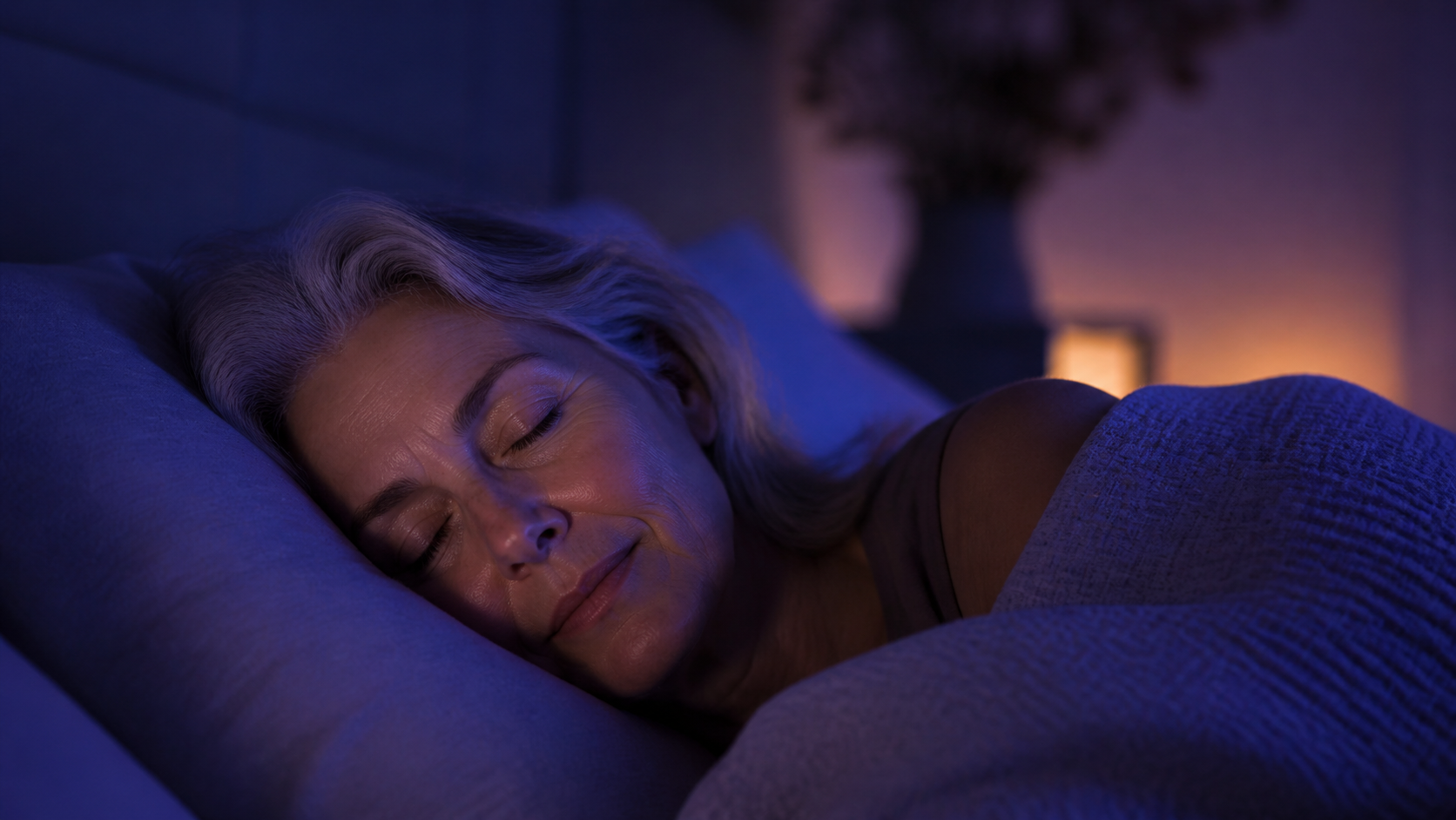 Person sleeping peacefully in a calm blue and violet bedroom
