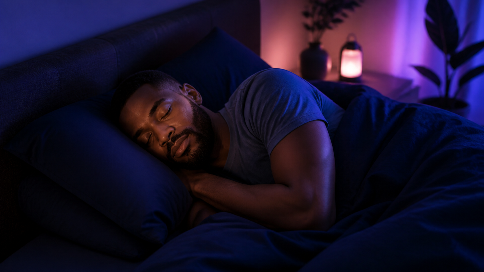 Person sleeping in a deep blue and violet bedroom