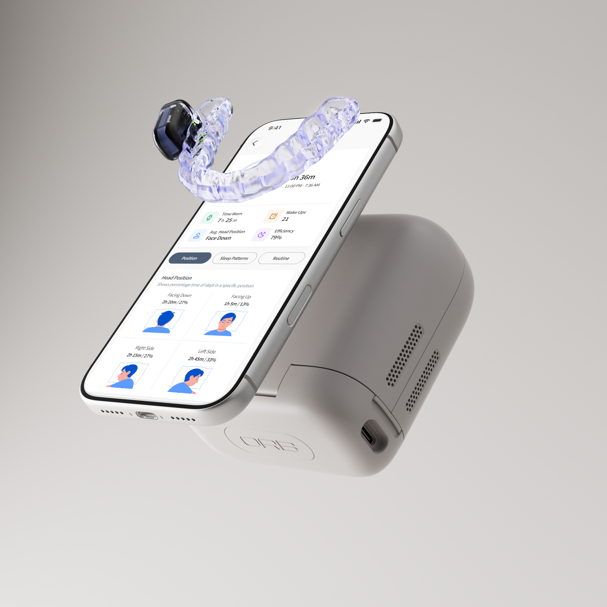 ORB Sleep nightguard, charging case and phone displaying the ORB Sleep App