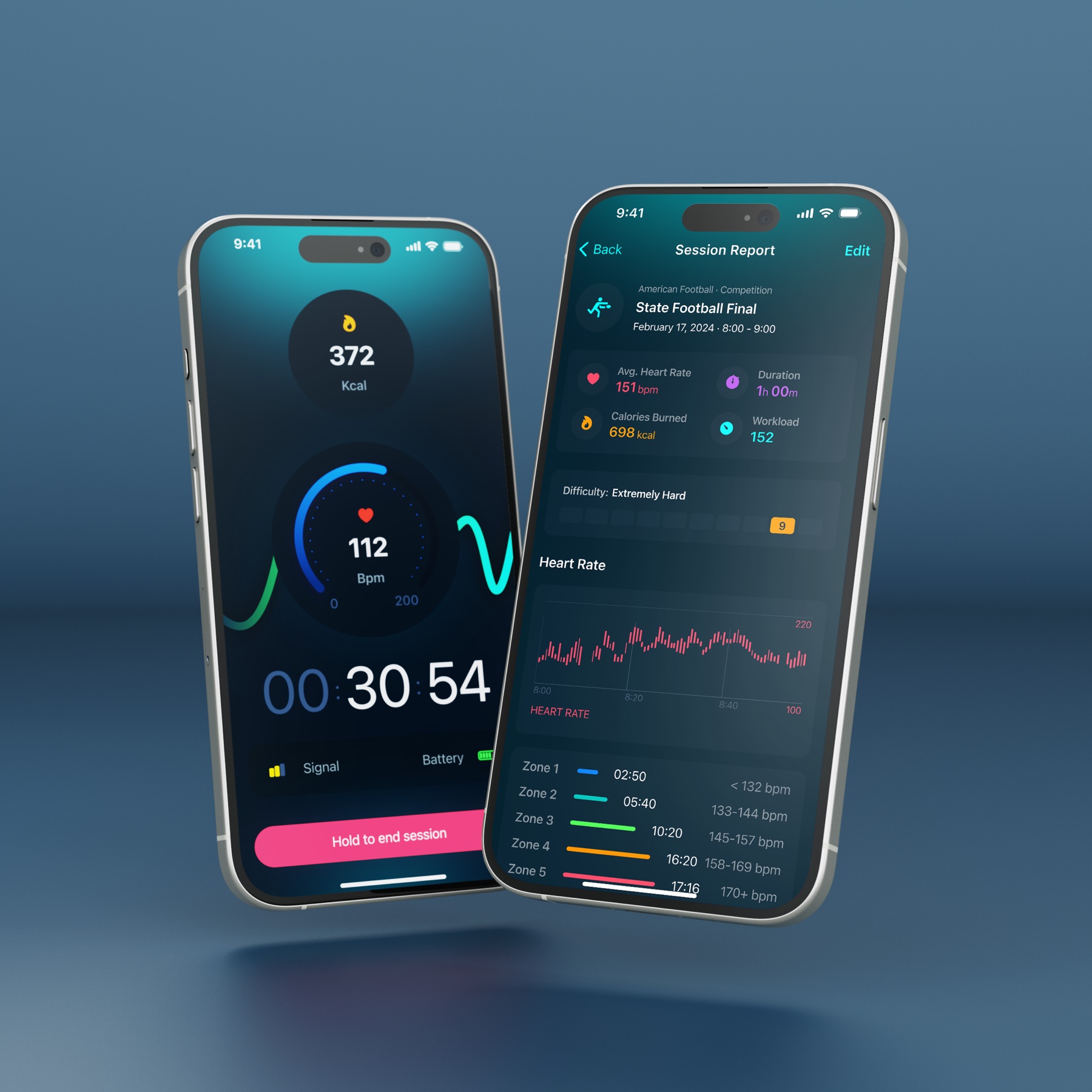 ORB Sport App live-session and session-report screens